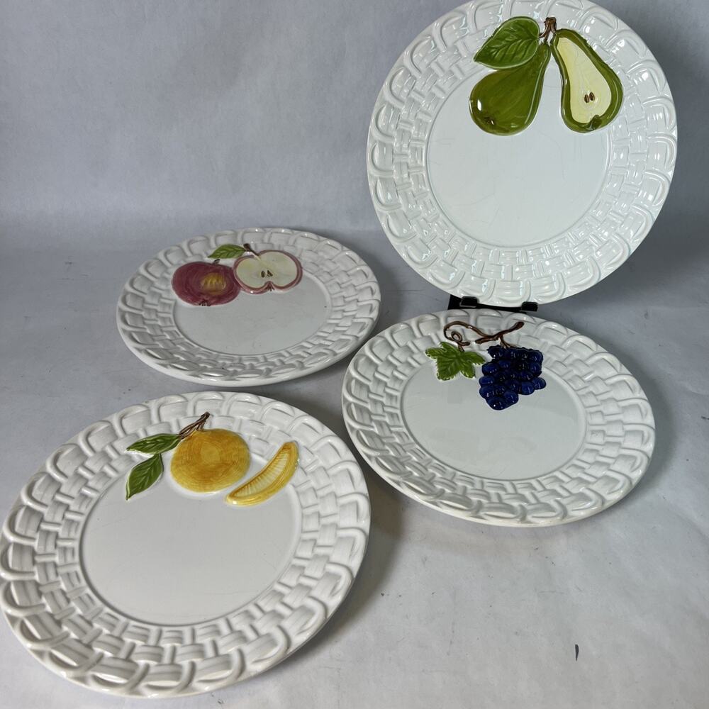 Set of 4 VTG Cost Plus World Market Fruit Plates • Embossed Basketweave
